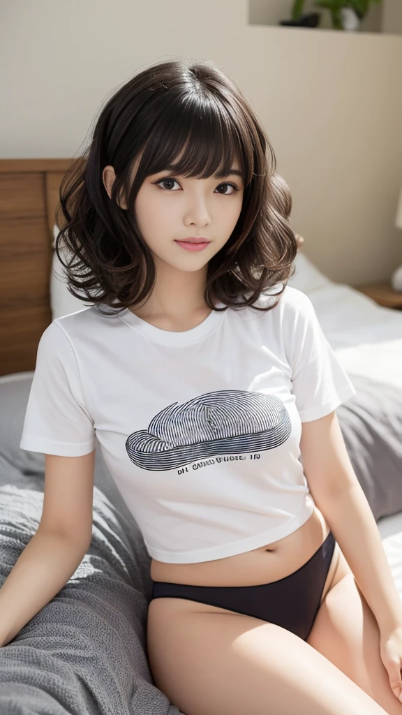 (highest quality, Very detailed, masterpiece:1.2), 1 female, very thin body, Long, slender legs, ((Black wavy Short Hair:1.2)), ((Thick and fluffy bangs)), Very detailedな顔,faint smile, Small, thin nose, small thin mouth, Extremely sharply focused eyes, Japanese, Beautiful Face, Realistic eyes, Beautiful and beautiful eyes, Realistic Skin, Beautiful Skin, charm, (A vivid face), Beautiful Hairstyles,In underwear,(T-Shirts,panties panty pull),ベッドルーム,大きな窓,レースカーテン,カーテンに巻き付く