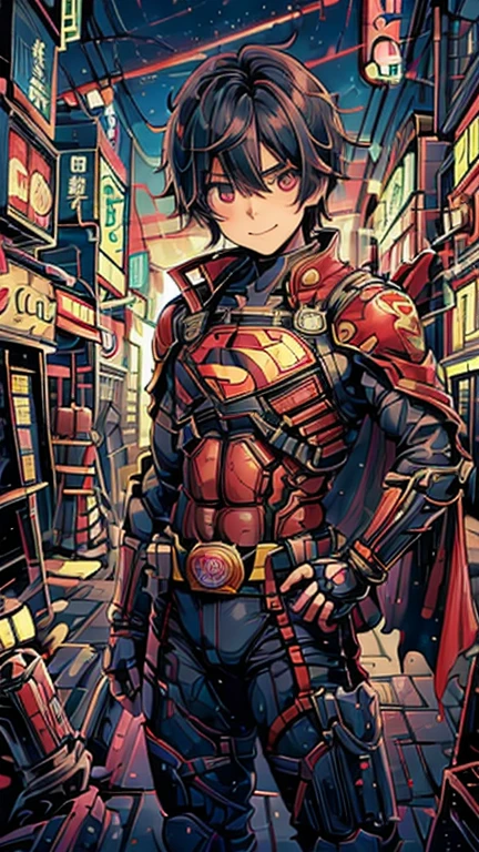 (8k),(masterpiece),(Japanese),(-yeld bo((innocent look)),((Childish)),From the front,smile,cute,Innocent,Kind eyes,Flat chest,Red cape,Superman Costume,short,Hair blowing in the wind,Black Hair,Strong wind,night,dark, Neon light cyberpunk city
