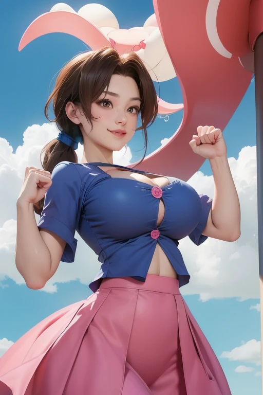 masterpiece, best quality, pkmnmoralityelia, Ponytail, Pink shirt, Blue Skirt, Smile, Cowboy shooting, Large Breasts,(((Full and soft breasts,)))(((Huge breasts))) (((Cleavage))) (Perfect curvy figure), :morality, Raise your hand, fist, excited, Blue sky, cloud, house