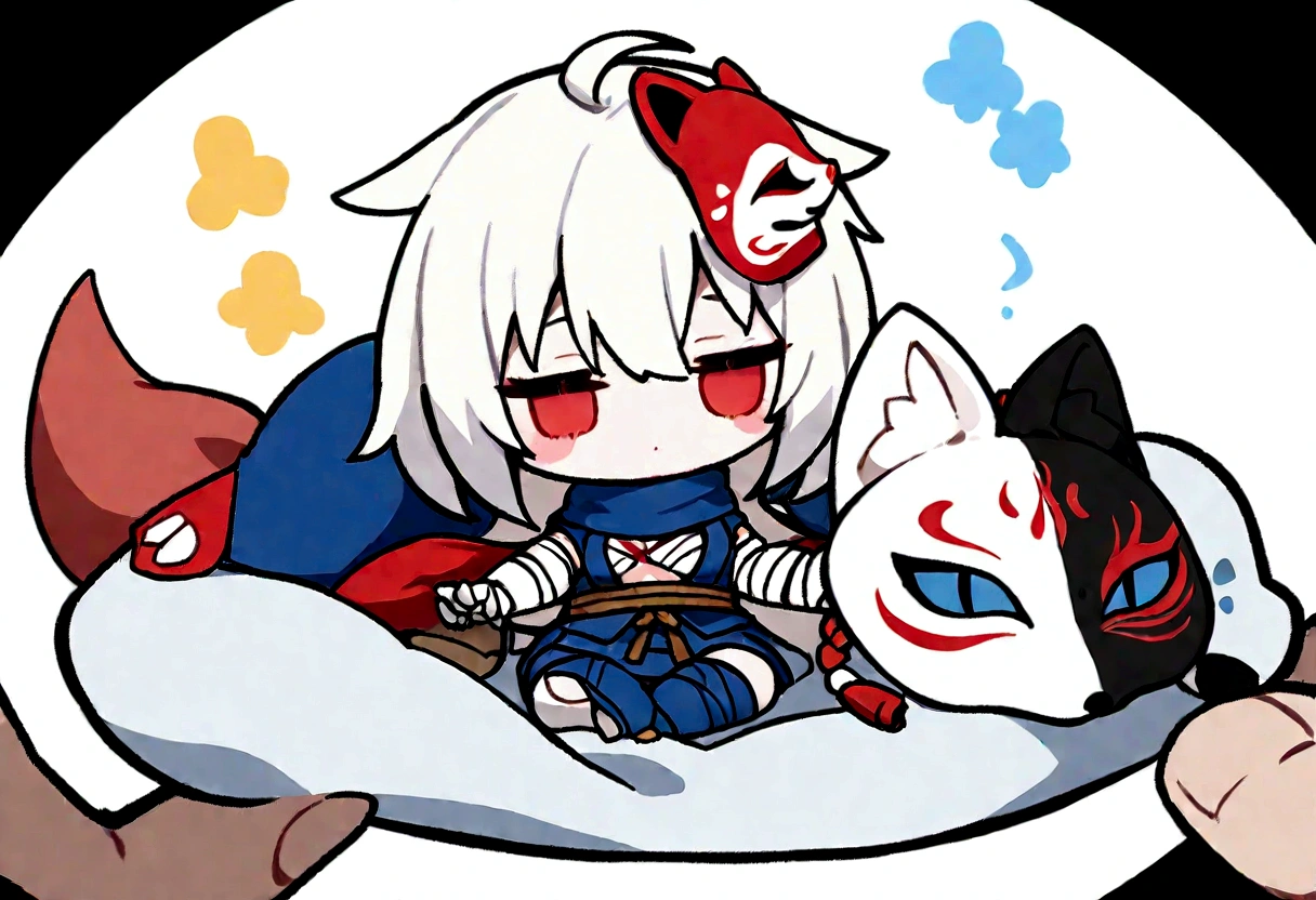 Get under the covers、Black Hai Niso。solo、1 person、whole body、Fall down、sleep、sleep、Stickers、White Gauntlet、chibi,No sleeve、Bleaching、(masterpiece, best quality:1.2), 1girl, 独奏,Wolf girl, fox mask, ninja, girl, white hair, odd eyes, blue kimono, ninja girl, red and blue scarf,Chibi Character、White background, fantastic atmosphere.White background、、Black fox mask、Fisheye Lens、hair、Bandage on chest、boy、Black fox mask、Blue Bondage