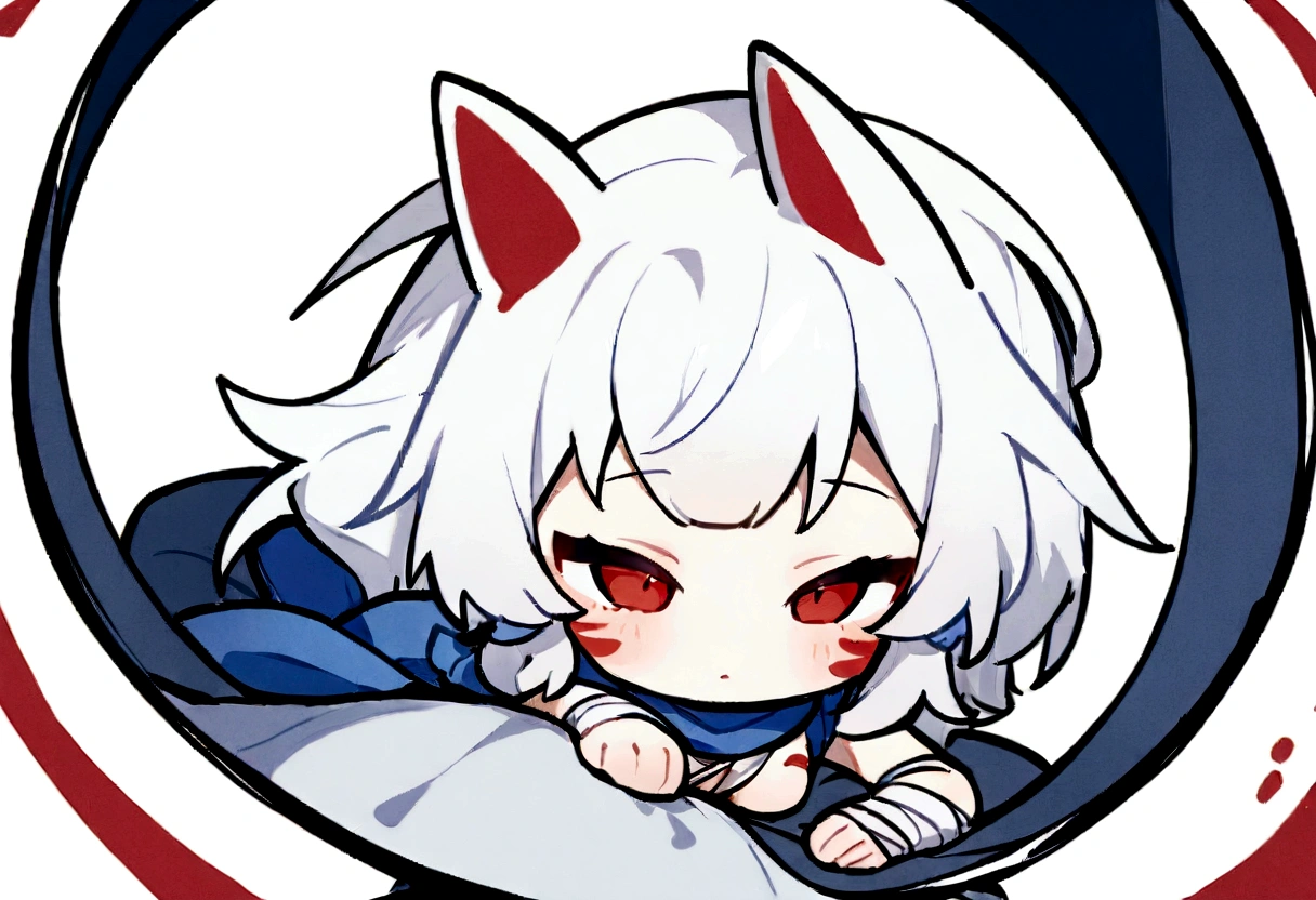 Get under the covers、Black Hai Niso。solo、1 person、whole body、Fall down、sleep、sleep、Stickers、White Gauntlet、chibi,No sleeve、Bleaching、(masterpiece, best quality:1.2), 1girl, 独奏,Wolf girl, fox mask, ninja, girl, white hair, odd eyes, blue kimono, ninja girl, red and blue scarf,Chibi Character、White background, fantastic atmosphere.White background、、Black fox mask、Fisheye Lens、hair、Bandage on chest、boy、Black fox mask、Blue Bondage