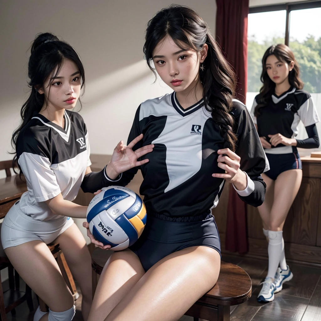 absurdres, RAW photo, extremely delicate and beautiful, masterpiece, Best Quality, ultra high resolution, 32k, hyperrealistic, ultra-detailed, Very detailed CG 8k wallpaper, Beautiful Lighting, Perfect Lightning, Realistic Shadows, perfect anatomy, super Detailed skin, perfect figure, Japanese woman, late 20s, very Slim body, narrow waist, very small head, handsome detailed woman, very detailed eyes and face, realistic face proportions, Stunning detailed eyes, Realistic beautiful face, very small face, Realistic small beautiful eyes, tearful mole, earring, bare legs, beautiful and very thin legs, beautiful and very thin thighs, (very huge round breasts:1.2), full body shot, medium hair, (wavy hair:1.2), black hair, (volleyball uniform:1.4), (3 girls:1.4),