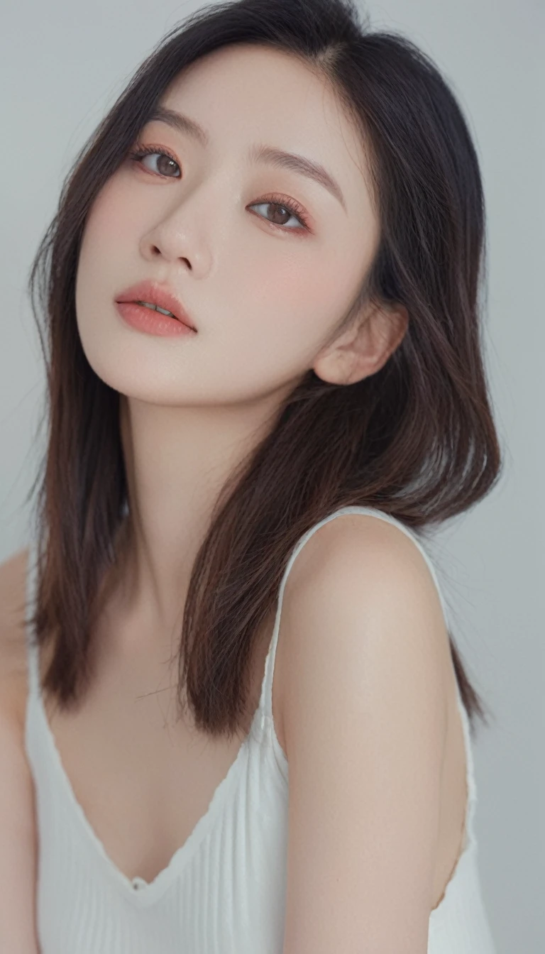 medium wide close-up, potrait, wide shoot, profile photo, front photo, 1girl, woman, (Photorealsitic)、(intricate detailes:1.2)、(​masterpiece、:1.3)、beauty face, (top-quality:1.4)、(超A high resolution:1.2)、超A high resolution、(A detailed eye)、(detailed facial features), ((Realistic lighting、top-quality、8K、natural light, ​masterpiece:1.3))、bright photo, Clear focus:1.2、1girl in、flawless beauty:1.4、Superfine Face、Narrow-eyed、double eyelid、photos realistic, perfect eyes, perfect skin, detailed skin, detailed face, looking viewer, front view, potrait, raw photo, simple soft pink background, (intricate detailed skin textured:1.4) front view, looking viewer, clear face,  1 girl、porate、Bright and very beautiful face、beautiful girl, A stunning close-up portrait showcasing the beauty of a Korean model. The composition features soft, natural lighting , bright eyes, and striking cheekbones. Her glossy,  The background is simply white background,  wear sweetshirt, neat hair, long hair, instagram model, profil picture, bright and natural