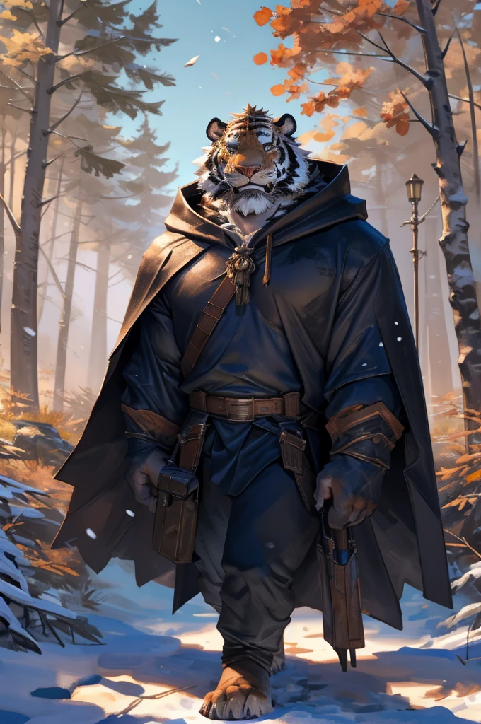 By Taran fiddler, solo, male, tiger man, dressed in a cloak and satchel, muscular, older male, cloak hiding face, face hidden by cloak hood, beard, walking towards viewer, surprised look, wide eyes, smaller silhouette behind the tiger, forest background, snowy