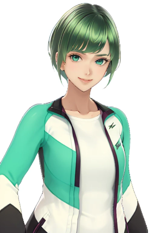 green hair,Emerald hair,short hair,short hair,bright face,upper body up,chest up,business woman,intellectual,smile,jacket,white shirt ,big bangs,beautiful bangs, laughter,drooling eyes, alone,Flow of hair that extends to the face,Big light blue eyes shine charmingly,green one piece,eyeliner,Shining white skin,