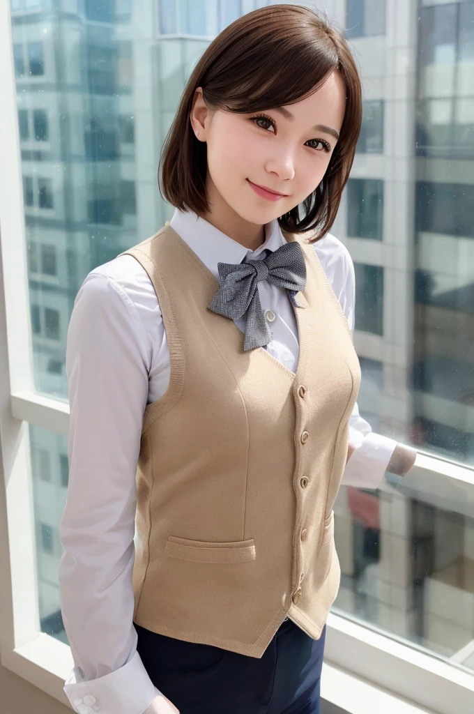 1girl, matured female, vest, bow, photo, realistic, best quality, hires, detailed face, office, buildings from window, detailed background, diffused sunlight, depth of field, bokeh