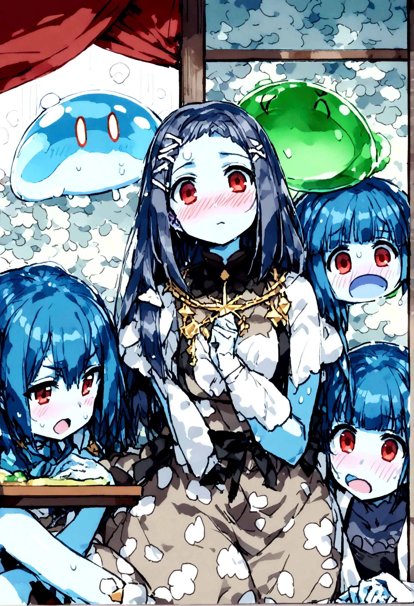 Multiple women,Yui, Slime,複数のSlime変換プロセス,Slime娘連鎖堕ち \(entity\), (Blue Skin:1.3)), (very long blue hair:1.3), View the viewer,Huge ,Blushing face,Esbian,(high quality,high resolution:1.2),Confused face,The image is separated by a frame that is easy to see,Ears pointed right to the side,(Beautiful red eyes with highlights 1.25),(Slimeに襲われてSlimeとセックスしている複数の人間の女性が身体を激しく揺らして喘ぎうめき声をあげながら徐々に身体を変化させて青い淫乱Slime女性に生まれ変わる複数のプロセスとさまざまな角度:1.5),((Slimeに襲われてSlimeとセックスしていた複数の人間の女性が身体を激しく揺らして喘ぎうめき声をあげながら徐々に身体を変化させて青い淫乱Slime女性に生まれ変わる瞬間のさまざまなアングル:1.42)),(Cartoon-style screen separation:1.5),((Several human women々に身体を変化させて複数の青い淫乱Slime女性に近づけていくプロセス,変化後性欲に溢れて青い淫乱Slime娘になる)