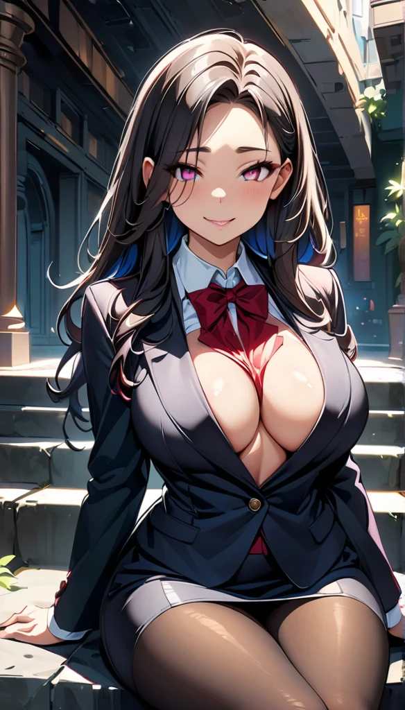 (highest quality:1.2,evil lady,cg, Very detailed, High Detail, digital coloring, High Contrast, masterpiece:1.2,suits, highest quality, Best aesthetics), 8k,masterpiece, cute,tall,beautiful,best quality, 1lady,black hair,long hair,empty eyes, (finely detailed glowing eyes and detailed face),,,,extremely detailed cg unity 8k wallpaper,solo,(latex military costume:0.9),large breasts,seductive smile,,latex thighhigh,large breasts,black hair,pink eyes,formal shirts,pantyhose,,enamel suits,grossy lips,sitting,tight skirt,sadistic smile,,heel,shiny skin,tight skirt,detailed face,beautiful body,,adult,,show me breasts,sadistic,seductive smile,business suits,latex,no tie,bust shot