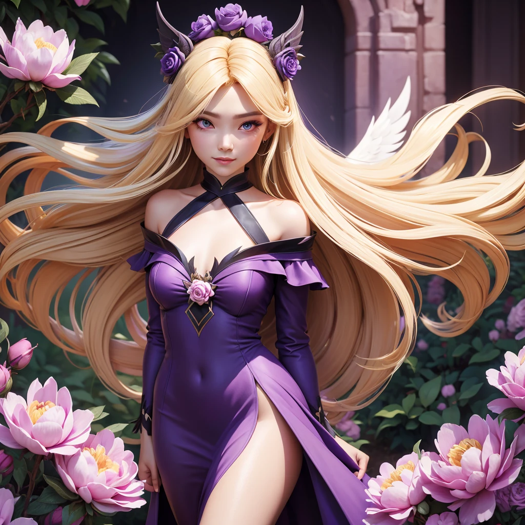 Beautiful long blonde hair woman with small devil wings and horns, wearing a purple off-the-shoulder dress holding a peony flower in a garden