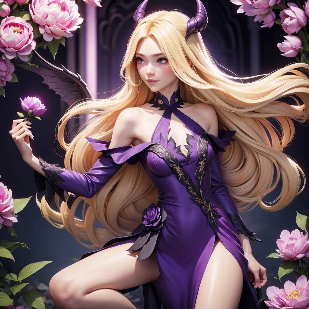 Beautiful long blonde hair woman with small devil wings and horns, wearing a purple off-the-shoulder dress holding a peony flower in a garden