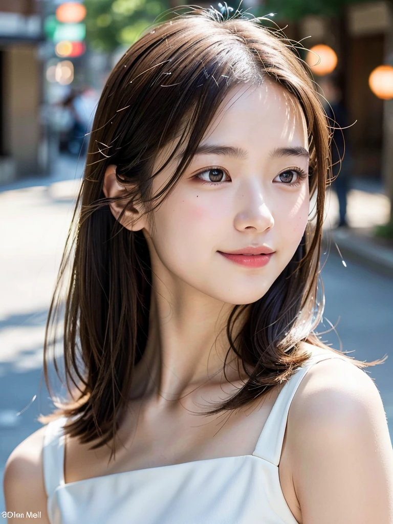 With the alleys of Kyoto in the background, 18 year old girl, independent, facing forward, Light eye makeup, brown hair color, Flat , hair blowing in the wind, quality of actress, shiny, super realistic face, smile, Moist eyes, look up, calming lighting effect, ultra-realistic capture, very detailed, High resolution 16K close-up of human skin, Skin texture must be natural, Must be detailed enough to see pores, skin is healthy, Must be even tone, Use natural light and color, High quality photos taken by a modeling agency, Exclusive photographer, smile