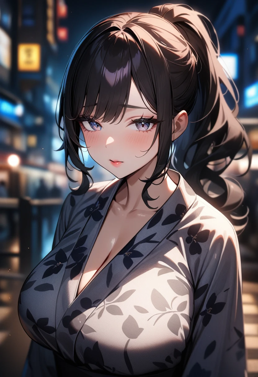 1girl,solo,super detailed skin,shiny skin,natural face ,half open eyes,eyelashes,lips gloss,black hair,wavy hair,ponytail,sidelocks,large breasts,floral printed yukata ,night port,masterpiece,best quality,ultra detailed,high resolution,sharp focus,depth of field