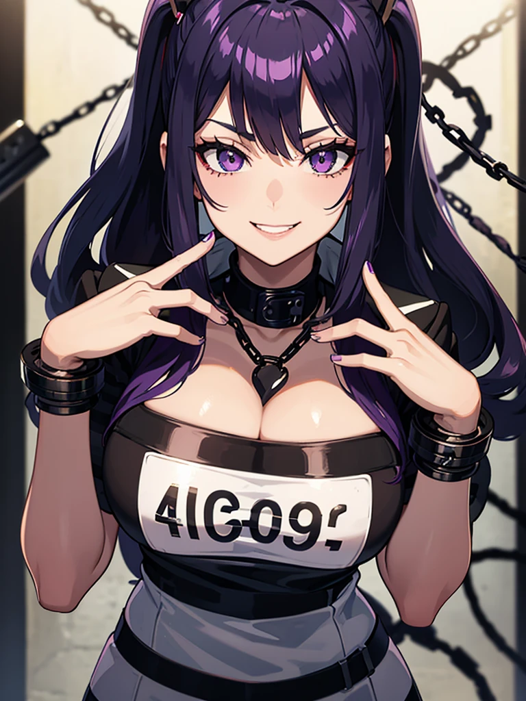 Mugshot, anime girl in black and white striped prisoner uniform, hands cuffed or chained, cleavage, big breasts, purple hair, evil smile, jail, cell, prison