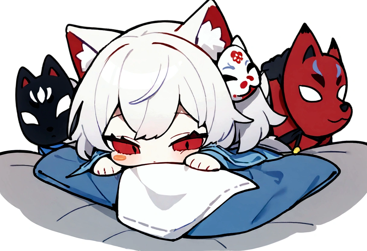 Get under the covers、Black Hai Niso。solo、1 person、whole body、Fall down、sleep、sleep、Stickers、White Gauntlet、chibi,No sleeve、Bleaching、(masterpiece, best quality:1.2), 1girl, 独奏,Wolf girl, fox mask, ninja, girl, white hair, odd eyes, blue kimono, ninja girl, red and blue scarf,Chibi Character、White background, fantastic atmosphere.White background、、Black fox mask、Fisheye Lens、hair、Bandage on chest、boy、Black fox mask、Blue Bondage