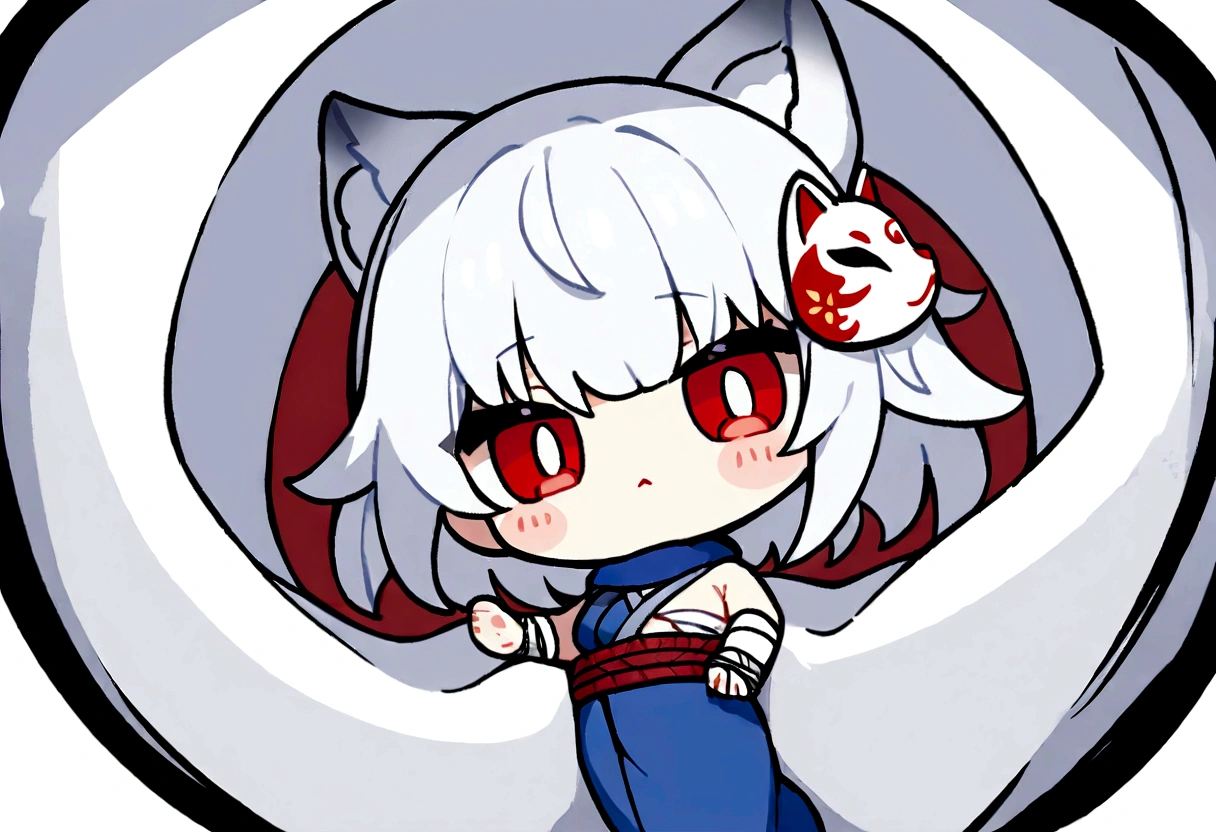 Get under the covers、Black Hai Niso。solo、1 person、whole body、Fall down、sleep、sleep、Stickers、White Gauntlet、chibi,No sleeve、Bleaching、(masterpiece, best quality:1.2), 1girl, 独奏,Wolf girl, fox mask, ninja, girl, white hair, odd eyes, blue kimono, ninja girl, red and blue scarf,Chibi Character、White background, fantastic atmosphere.White background、、Black fox mask、Fisheye Lens、hair、Bandage on chest、boy、Black fox mask、Blue Bondage