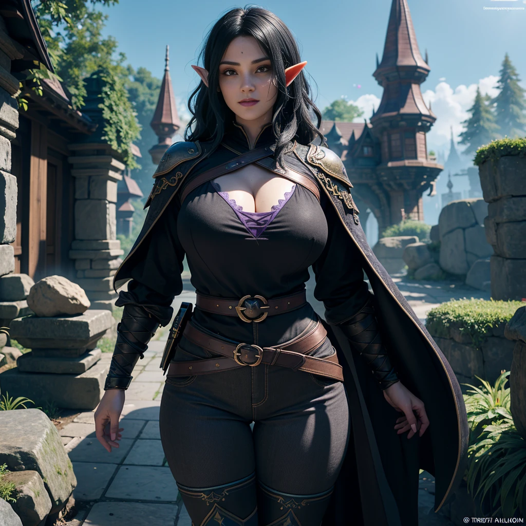 ((Best quality)), ((masterpiece)), (detailed: 1.4), 3D, (half-elf sorceress), (black hair, purple eyes:1.5, pale brown skin), (black robe, purple sleeves, grey pants, black boots and black armbands), (huge tits, big booty, short, curvy), (heavy gothic makeup), HDR (High Dynamic Range),Ray Tracing,NVIDIA RTX,Super-Resolution,Unreal 5,Subsurface dispersion, PBR texture, Post-processing, Anisotropic filtering, Depth of field, Maximum clarity and sharpness, Multilayer textures, Albedo and specular maps, Surface shading, Accurate simulation of light-material interaction, Perfect proportions, Octane Render, Two-tone lighting,Wide aperture,Low ISO,White balance,Rule of thirds,8K RAW,