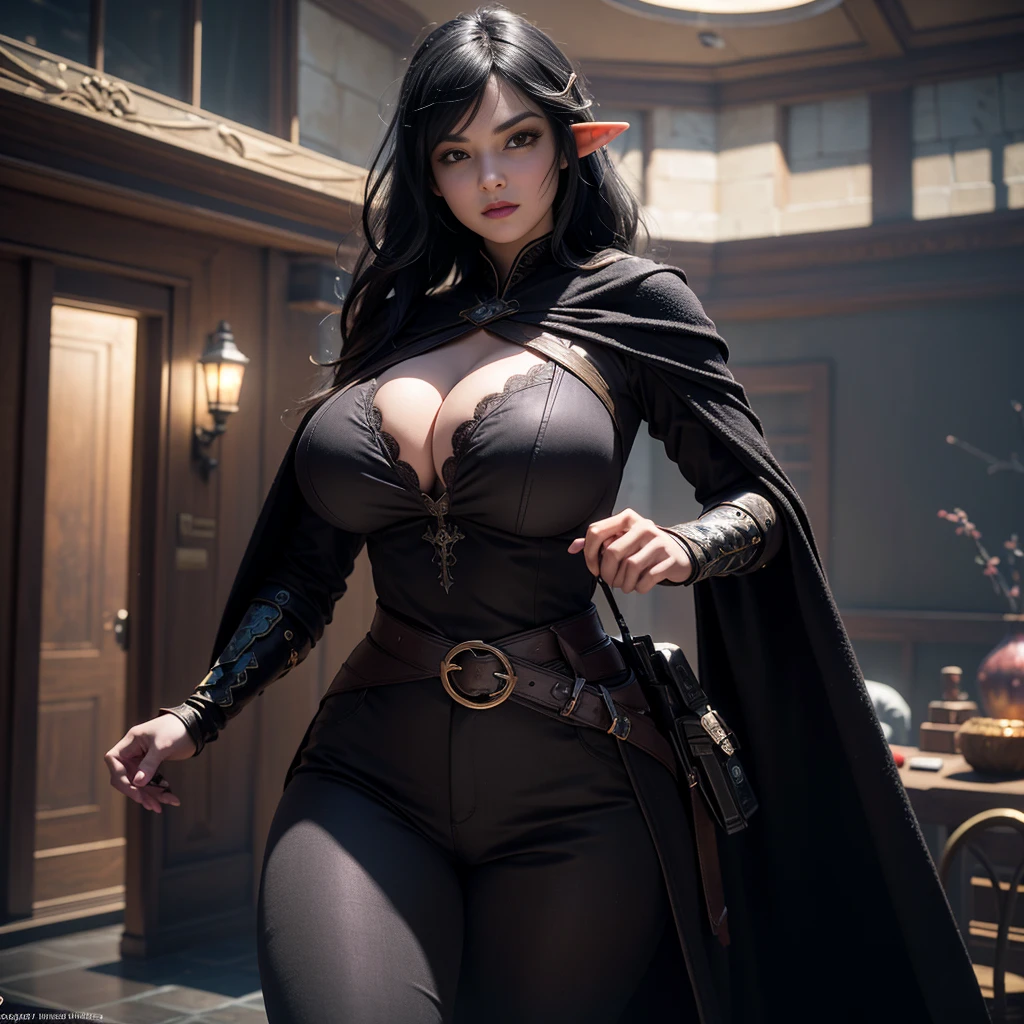 ((Best quality)), ((masterpiece)), (detailed: 1.4), 3D, (half-elf sorceress), (black hair, purple eyes:1.5, pale brown skin), (black robe, purple sleeves, grey pants, black boots and black armbands), (huge tits, big booty, short, curvy), (heavy gothic makeup), HDR (High Dynamic Range),Ray Tracing,NVIDIA RTX,Super-Resolution,Unreal 5,Subsurface dispersion, PBR texture, Post-processing, Anisotropic filtering, Depth of field, Maximum clarity and sharpness, Multilayer textures, Albedo and specular maps, Surface shading, Accurate simulation of light-material interaction, Perfect proportions, Octane Render, Two-tone lighting,Wide aperture,Low ISO,White balance,Rule of thirds,8K RAW,