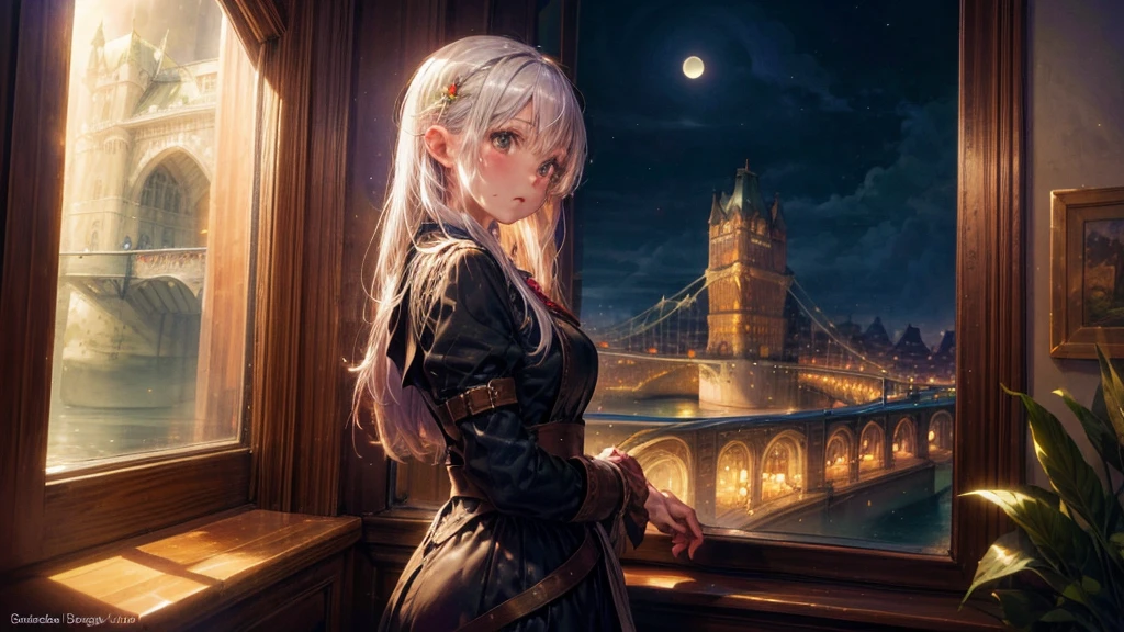 Fantasy art, RPG Art, Princess looking out the window at the magic castle, A beautiful elven princess looks out her window at the enchanted castle, An impressive castle with great attention to detail, with tower, bridge, moat, Standing on the mountain top, moon, 