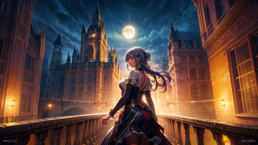 Fantasy art, RPG Art, Princess looking out the window at the magic castle, A beautiful elven princess looks out her window at the enchanted castle, An impressive castle with great attention to detail, with tower, bridge, moat, Standing on the mountain top, moon, 