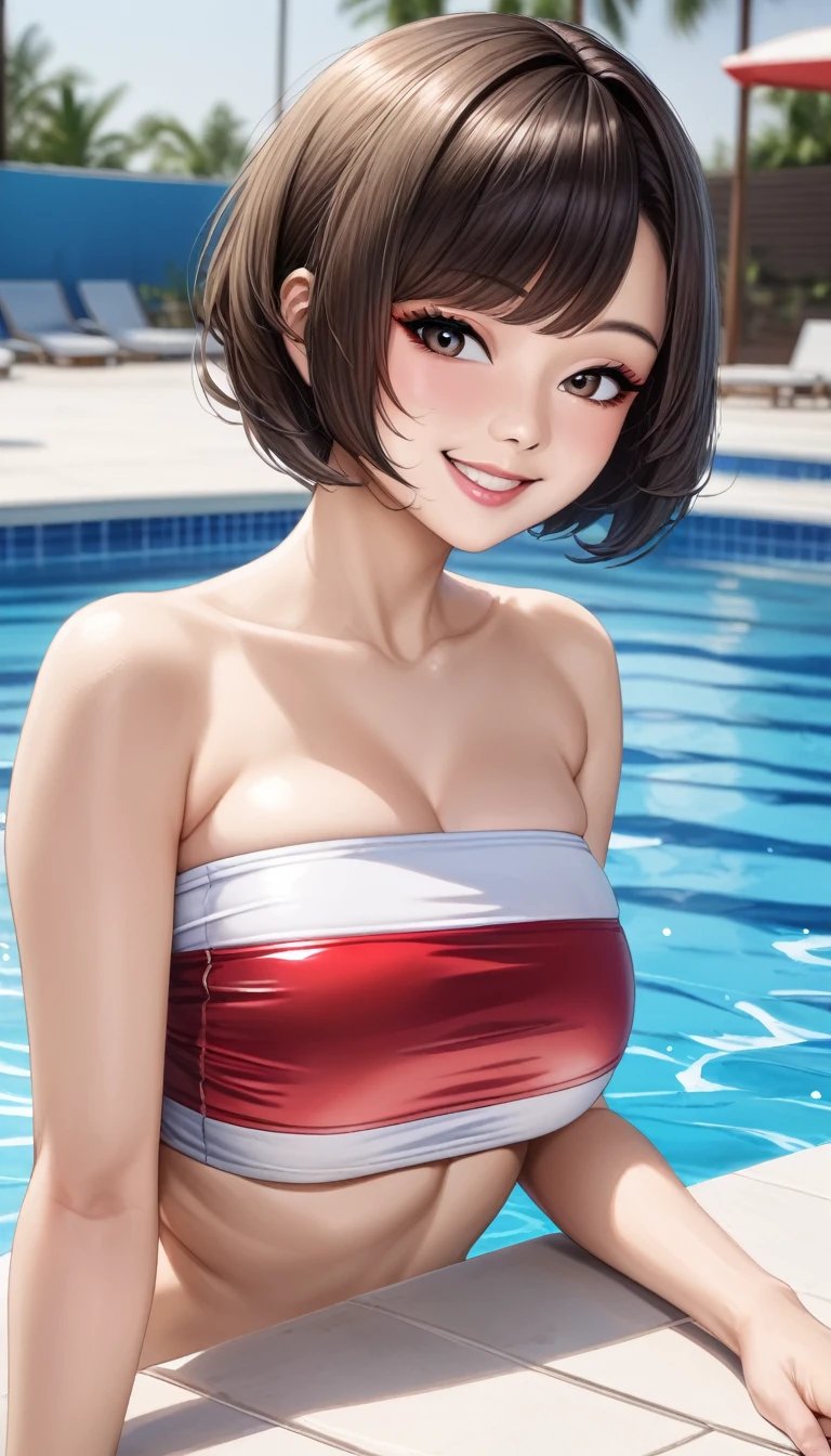 (((masterpiece))),(((High resolution)))、(((perfect face)))、(((Korean beauty)))、25 years old、(((beautiful face)))、(((tube top))), big tits、((top quality eyes)), detailed texture, ((high resolution face)), erotic smile, at the pool, short hair