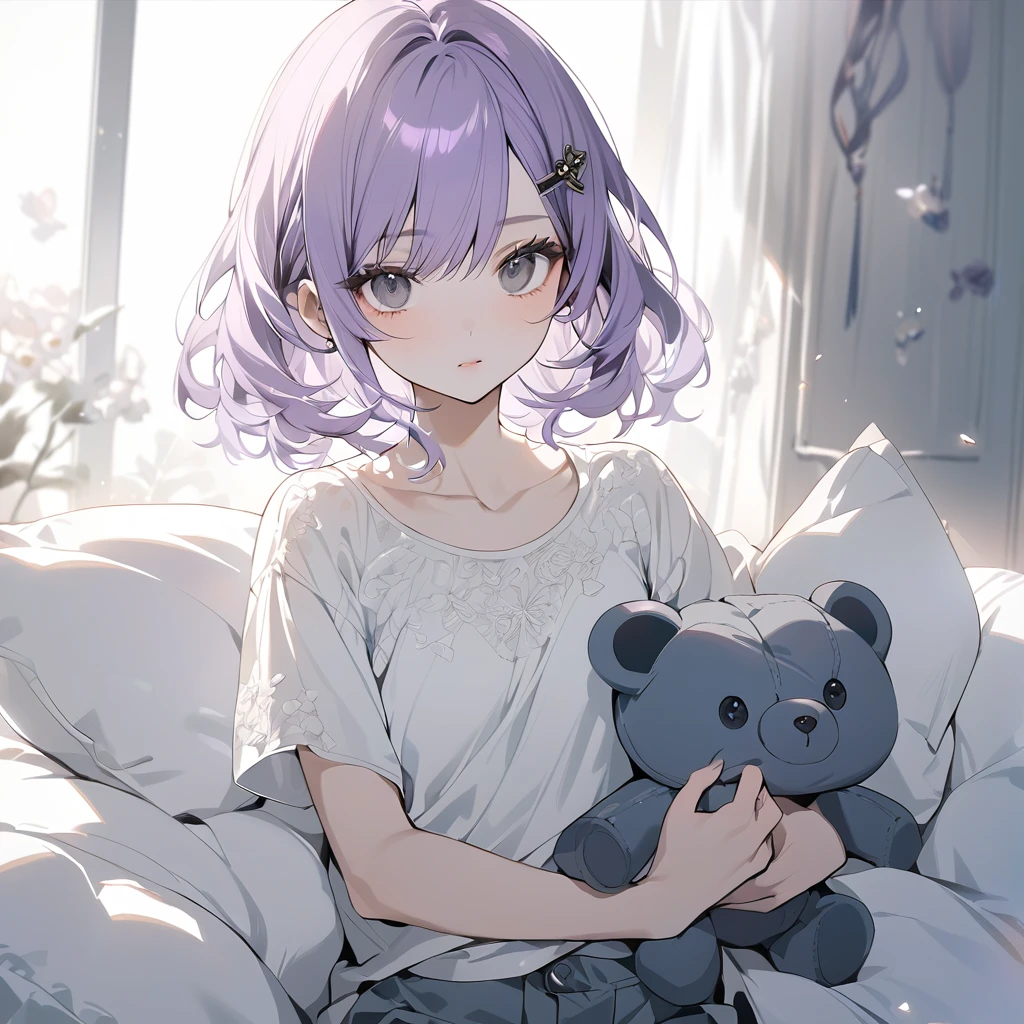 (Cute a girl:1.5), (a girl with closs hair pin,pale purple hair,bluntbangs hair,green and black eyes, a girl is wearing a white T-shirt and navy blue shorts,,look at viewer:1.4), (masterpiece:1.3), anime visual, (Lovey-dovey:1.5), (tilt head:1.3), extremely delicate face, soft clean focus, realistic lighting and shading, (an extremely delicate and beautiful art:1.3), elegant, (muted colors:1.1), small breast,Holding a large stuffed teddy bear in both hands,
