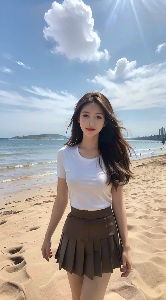 ((Best image quality, 8K, masterpiece: 1.3)), Selfie, Sharp focus: 1.2, Cute beauty with perfect figure: 1.4, slim, ((Brown Hair Black)) , (White T-shirt，Pleated skirt，Highly detailed face，Happy expression，Stand on your own two feet：1.2），（（Blue sky and white clouds，Beach by the sea：1.3. Produced mainly by women）），Highly detailed face and skin texture，Fine grain，double eyelid