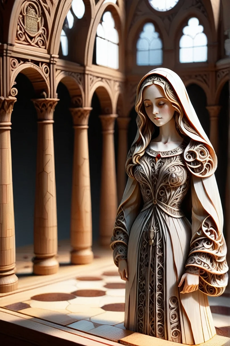 Portrait of woman, catholic virgin, dress with transparent veil , whole body, (8k, photo and gross, of the highest quality), Hyper realistic, intricate summary, Intricate artwork, abstract style, Striking portrait, threatening, creature from another world, , [Temple, roman church , landscape with many lights and reflections of stained glass and geometric shapes, ethereal presence, non-representational, pencil drawing and shapes, expression of feelings, imaginative, Very detailed, transparencies, shadows, Contrasts, Extremely high resolution details, photographic, Realism taken to the extreme, fine texture, 4k, ultra detailed, high quality, high contrast made of resin ,black and white drawing