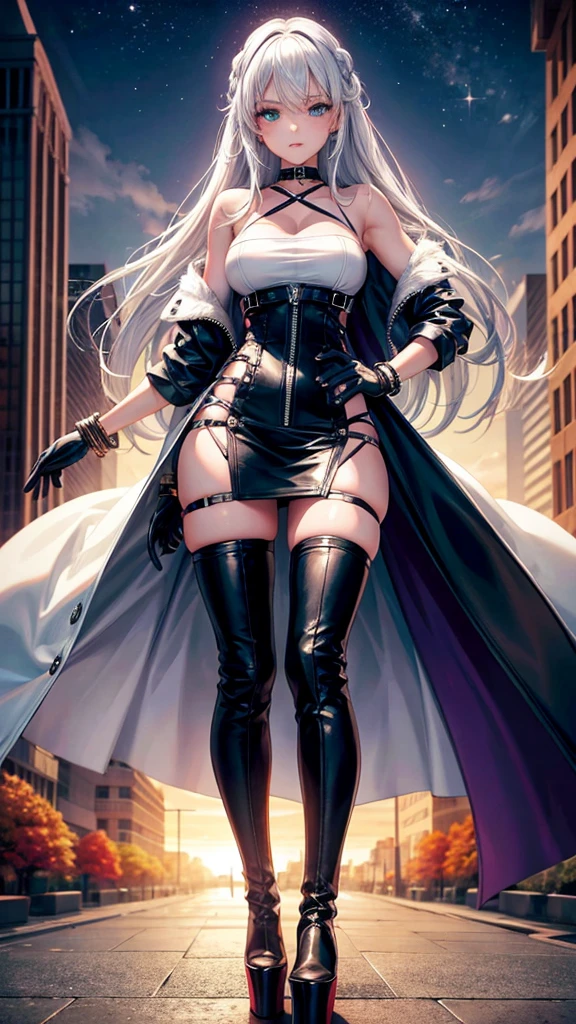ultra quality, young woman, high, bright skin, White hair,t-shirt,strappy, slim, topic, skirt,Remove,coat,thigh high boots,Platform,purple boots,zipper,green eyes, Autumn, bracelets, park, Height,piquancy,exquisitely,long gloves,open shoulders,choker, for the whole growth.
good drawing of the eyes,ultra quality,looking at the viewer