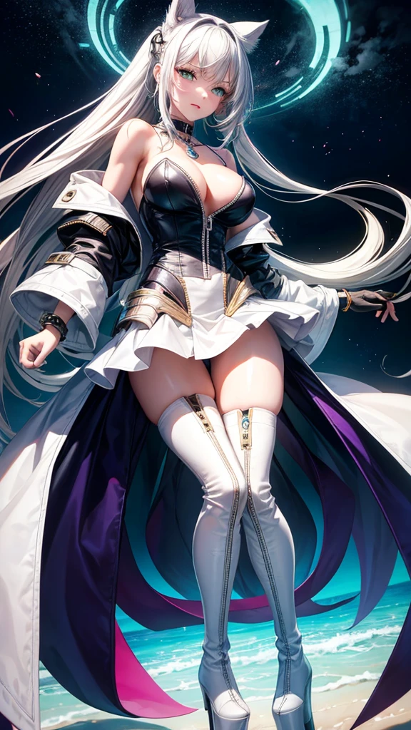 ultra quality, young woman, high, bright skin, White hair,t-shirt,strappy, slim, topic, skirt,Remove,coat,thigh high boots,Platform,purple boots,zipper,green eyes, Autumn, bracelets, park, Height,piquancy,exquisitely,long gloves,open shoulders,choker, for the whole growth.
good drawing of the eyes,ultra quality,looking at the viewer
