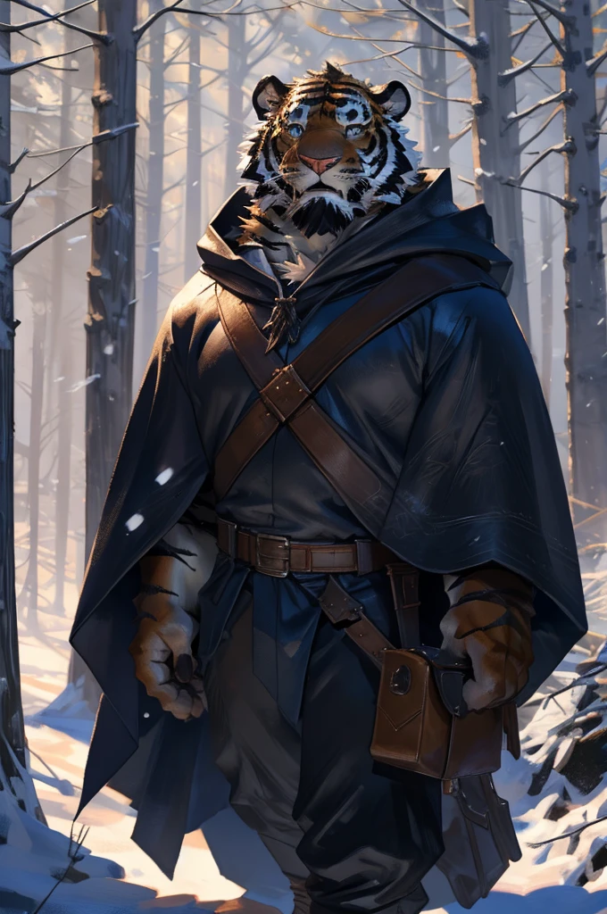 By Taran fiddler, solo, male, tiger man, dressed in a cloak and satchel, muscular, older male, cloak hiding face, face hidden by cloak hood, beard, walking towards viewer, surprised look, wide eyes, smaller silhouette behind the tiger, forest background, snowy