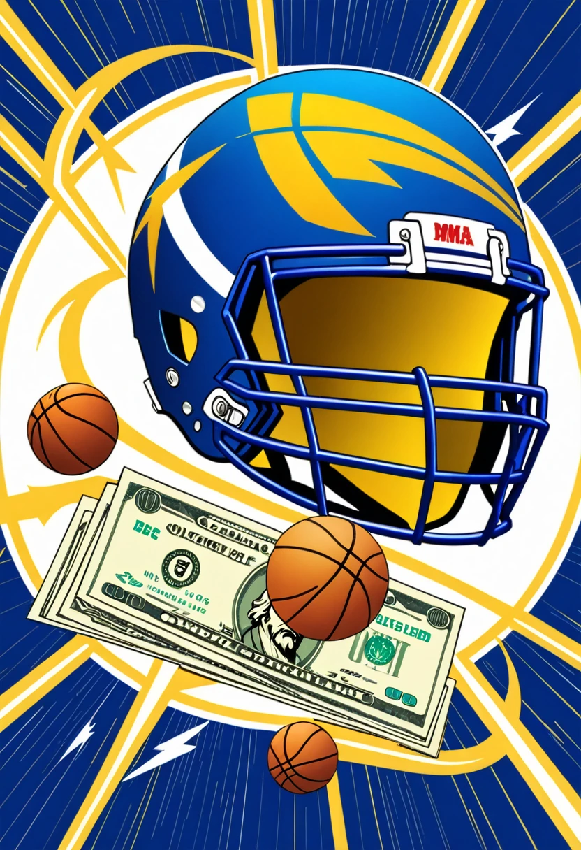 Create an image that relates to sports (football, basketball, MMA, American football) and sports betting. The image should have the following details: A background divided diagonally in two vibrant colors, blue on the left and gold on the right. As a central element, a strong, muscular Zeus-like hand grasping a bright lightning bolt in the center of the image. Lightning Details: The lightning bolt should have dynamic sparks, and money symbols like bills and coins should emanate from it, along with small sports icons like a soccer ball, basketball, MMA glove, American football helmet. Place the name "Olympic Bet" at the bottom of the image in a bold, modern font, in a color that contrasts well with the background, such as white or gold. For the border, circle around the entire image in a contrasting color, such as white, to ensure it stands out against any background.