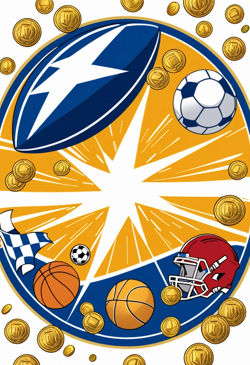 Create an image that relates to sports (football, basketball, MMA, American football) and sports betting. The image should have the following details: A background divided diagonally in two vibrant colors, blue on the left and gold on the right. As a central element, a strong, muscular Zeus-like hand grasping a bright lightning bolt in the center of the image. Lightning Details: The lightning bolt should have dynamic sparks, and money symbols like bills and coins should emanate from it, along with small sports icons like a soccer ball, basketball, MMA glove, American football helmet. Place the name "Olympic Bet" at the bottom of the image in a bold, modern font, in a color that contrasts well with the background, such as white or gold. For the border, circle around the entire image in a contrasting color, such as white, to ensure it stands out against any background.