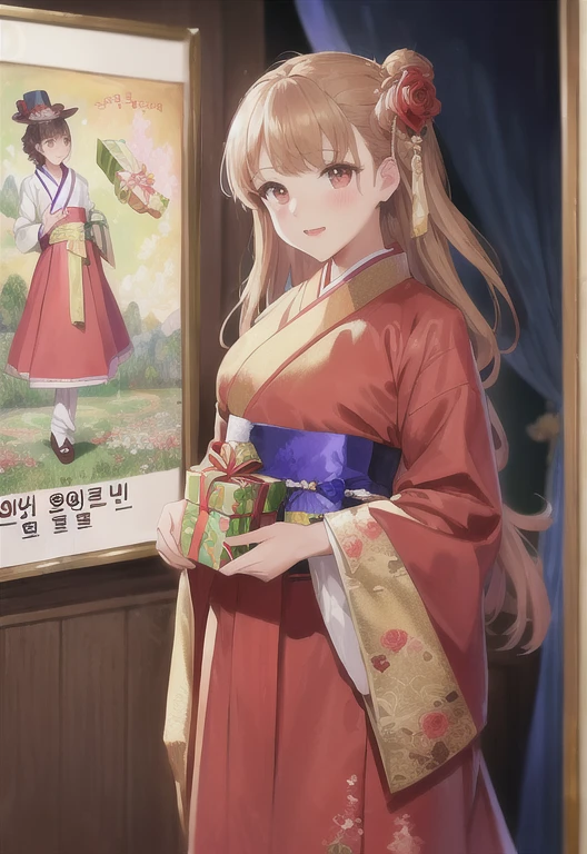 (best quality), (ultra-detailed), (illustration), (masterpiece), painting,
illumination, finely detail, (poster illustration), 1girl,
(a High Quality Victorian Era cute girl),
(hanbok), (bokjumeoni),
(wearing a korean hanbok:1.3), (wearing a korean traditional clothes),
(korean traditional new year:1.2),
IncrsVGiftBoth, incoming gift,
wearing a rose dresses, (holding present:1.2), (valentine day gift), chocolate,
oil painting by (Francois Boucher, (alphonse mucha:0.8), Claude Monet, (Franz Xaver Winterhalter:0.8), (NORMAN ROCKWELL:0.8), (artgerm:0.8)),
side swept hair, hair bowtie,
((perfect anatomy)), ((perfect body)),
(detailed indoor background:1.2),
(highres, incredibly absurdres, very aesthetic, intricate details, HIGH DETAIL, finely detailed)