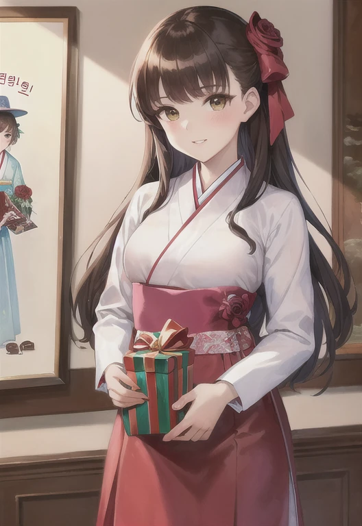 (best quality), (ultra-detailed), (illustration), (masterpiece), painting,
illumination, finely detail, (poster illustration), 1girl,
(a High Quality Victorian Era cute girl),
(hanbok), (bokjumeoni),
(wearing a korean hanbok:1.3), (wearing a korean traditional clothes),
(korean traditional new year:1.2),
IncrsVGiftBoth, incoming gift,
wearing a rose dresses, (holding present:1.2), (valentine day gift), chocolate,
oil painting by (Francois Boucher, (alphonse mucha:0.8), Claude Monet, (Franz Xaver Winterhalter:0.8), (NORMAN ROCKWELL:0.8), (artgerm:0.8)),
side swept hair, hair bowtie,
((perfect ???????)), ((perfect body)),
(detailed indoor background:1.2),
(highres, incredibly absurdres, very aesthetic, intricate details, HIGH DETAIL, finely detailed)
