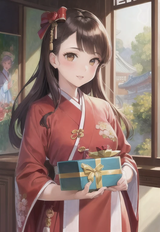 (best quality), (ultra-detailed), (illustration), (masterpiece), painting,
illumination, finely detail, (poster illustration), 1girl,
(a High Quality Victorian Era cute girl),
(hanbok), (bokjumeoni),
(wearing a korean hanbok:1.3), (wearing a korean traditional clothes),
(korean traditional new year:1.2),
IncrsVGiftBoth, incoming gift,
wearing a rose dresses, (holding present:1.2), (valentine day gift), chocolate,
oil painting by (Francois Boucher, (alphonse mucha:0.8), Claude Monet, (Franz Xaver Winterhalter:0.8), (NORMAN ROCKWELL:0.8), (artgerm:0.8)),
side swept hair, hair bowtie,
((perfect anatomy)), ((perfect body)),
(detailed indoor background:1.2),
(highres, incredibly absurdres, very aesthetic, intricate details, HIGH DETAIL, finely detailed)