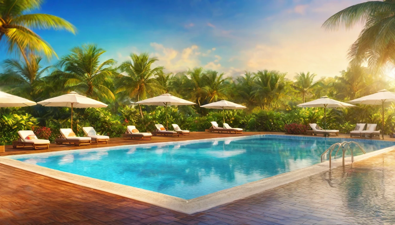 Resort hotels,Pool,Summer sky,Blur the background,Glitter effect,Highest quality, 8K, High resolution, masterpiece:1.2, Very detailed, Realistic:1.37, High resolution, 超High resolution, Ultra-fine painting, Very detailed, Professional, Vibrant colors
