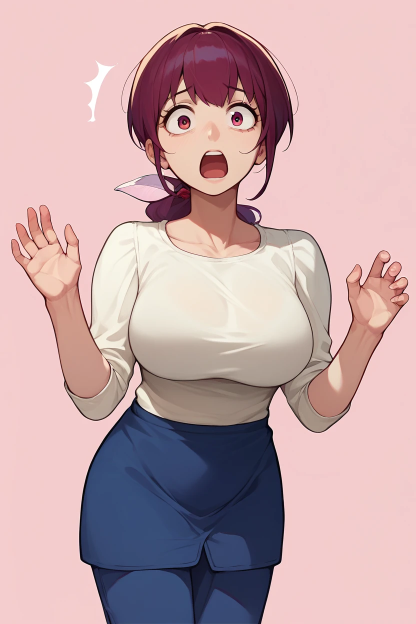 Fraction_9, Fraction_8_up, Fraction_7_Direction_6_up, src_Japanese cartoons, BREAK (((Full and soft breasts,)))(((Huge breasts))) (((Cleavage))) (Perfect curvy figure),1 Girl, Solitary, mine, Ponytail, Hairpin, White shirt, Blue Skirt, Blue pants, Mature female, Shock, open mouth, hands up, Watching you, Simple background