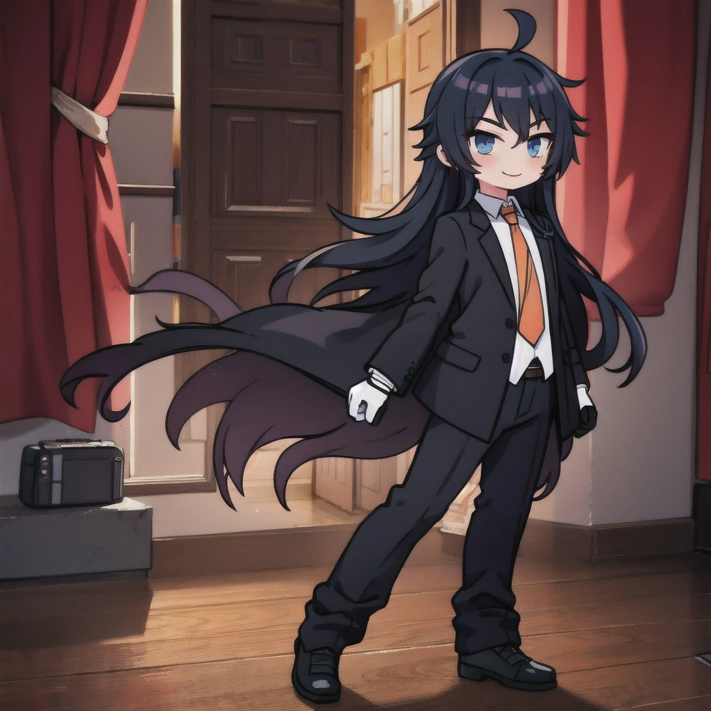 1 boy, long hair, shoulder-length hair, black jacket, tie, trousers, gloves, important pose, sly look, smile, arms extended forward, looking at viewer