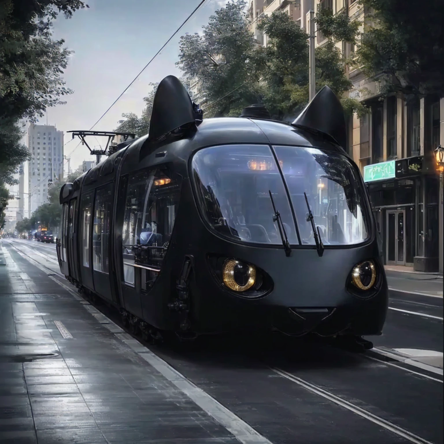 arafly designed black cat train on a city street, black cat in a city made of yarn, street tram, futuristic taxi, very futuristic, futuristic street, futuristic vehicle, trams ) ) ), futuristic city street, futuristic, cute future vehicles, futuristic vehicles, badass batmobile car design, futuristic design, batmobile, futuristic cars, futuristic product car shot