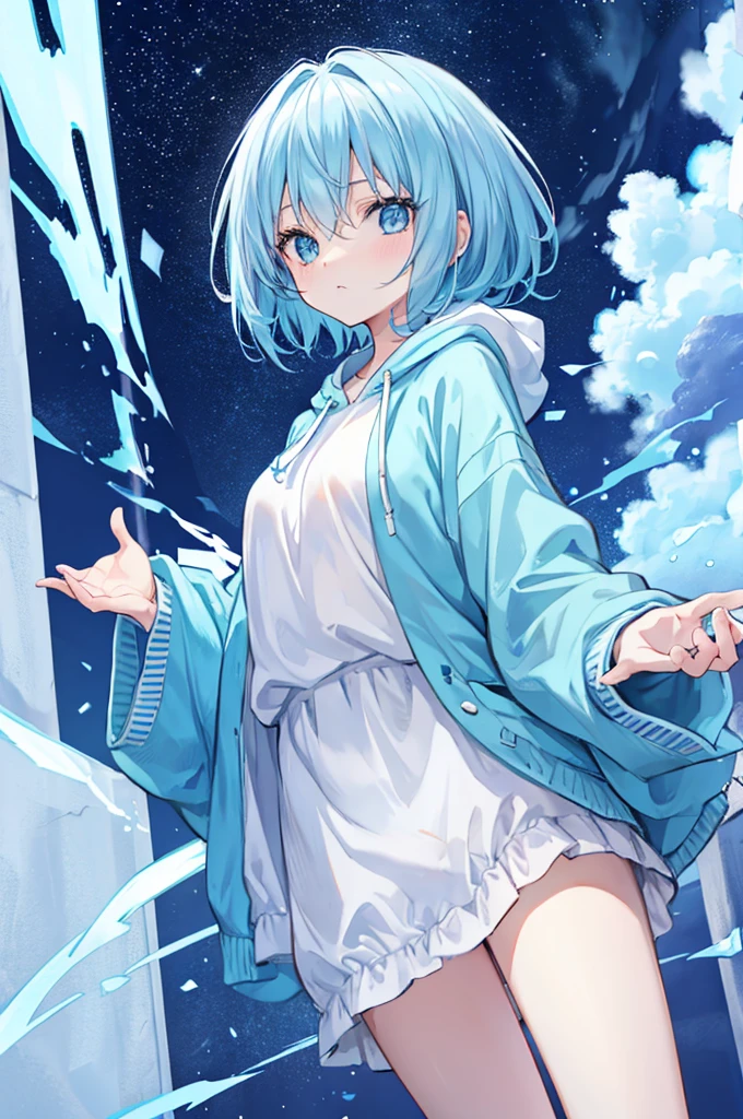 Light blue hair、Light blue eyes、Bob、Half Up、Shaggy hoodie