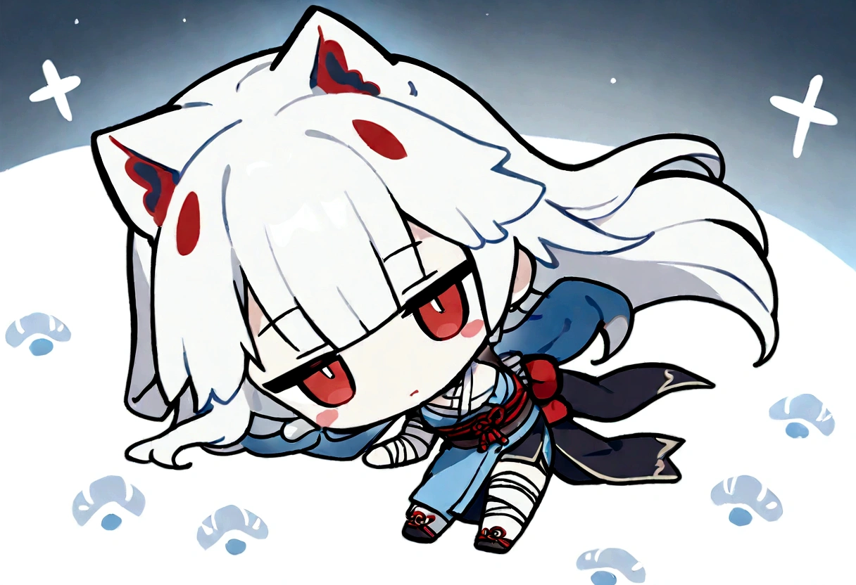 Get under the covers、Black Hai Niso。solo、1 person、whole body、Fall down、sleep、sleep、Stickers、White Gauntlet、chibi,No sleeve、Bleaching、(masterpiece, best quality:1.2), 1girl, 独奏,Wolf girl, fox mask, ninja, girl, white hair, odd eyes, blue kimono, ninja girl, red and blue scarf,Chibi Character、White background, fantastic atmosphere.White background、、Black fox mask、Fisheye Lens、hair、Bandage on chest、boy、Black fox mask、Blue Bondage、Long Hair