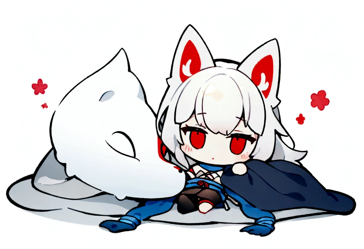 Get under the covers、Black Hai Niso。solo、1 person、whole body、Fall down、sleep、sleep、Stickers、White Gauntlet、chibi,No sleeve、Bleaching、(masterpiece, best quality:1.2), 1girl, 独奏,Wolf girl, fox mask, ninja, girl, white hair, odd eyes, blue kimono, ninja girl, red and blue scarf,Chibi Character、White background, fantastic atmosphere.White background、、Black fox mask、Fisheye Lens、hair、Bandage on chest、boy、Black fox mask、Blue Bondage、Long Hair