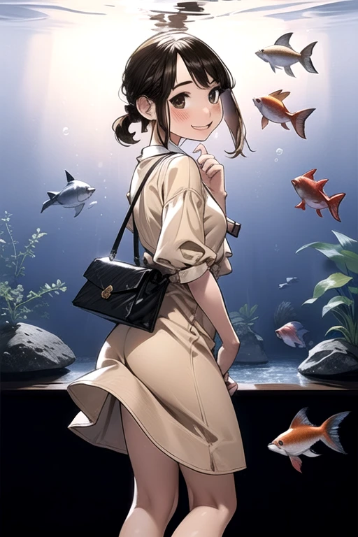 Very detailed, high quality:1.5, masterpiece, beautiful, Film Portraits,norfleet,(dark),((douki-chan)),short ponytail,office lady,jewelry,earrings,no sleeve,one piece,(((Beige dress))),(((Tilt head))),Put your hands behind your back,turn around,Ass,((aquariumの水槽)),Nobody is here,aquarium,(Red cheeks),((smile)),There are many fish swimming in the aquarium,The water is sparkling,dark照明,beautiful脚,Shiny legs,pantyhose,Red Handbag,((Lovely))