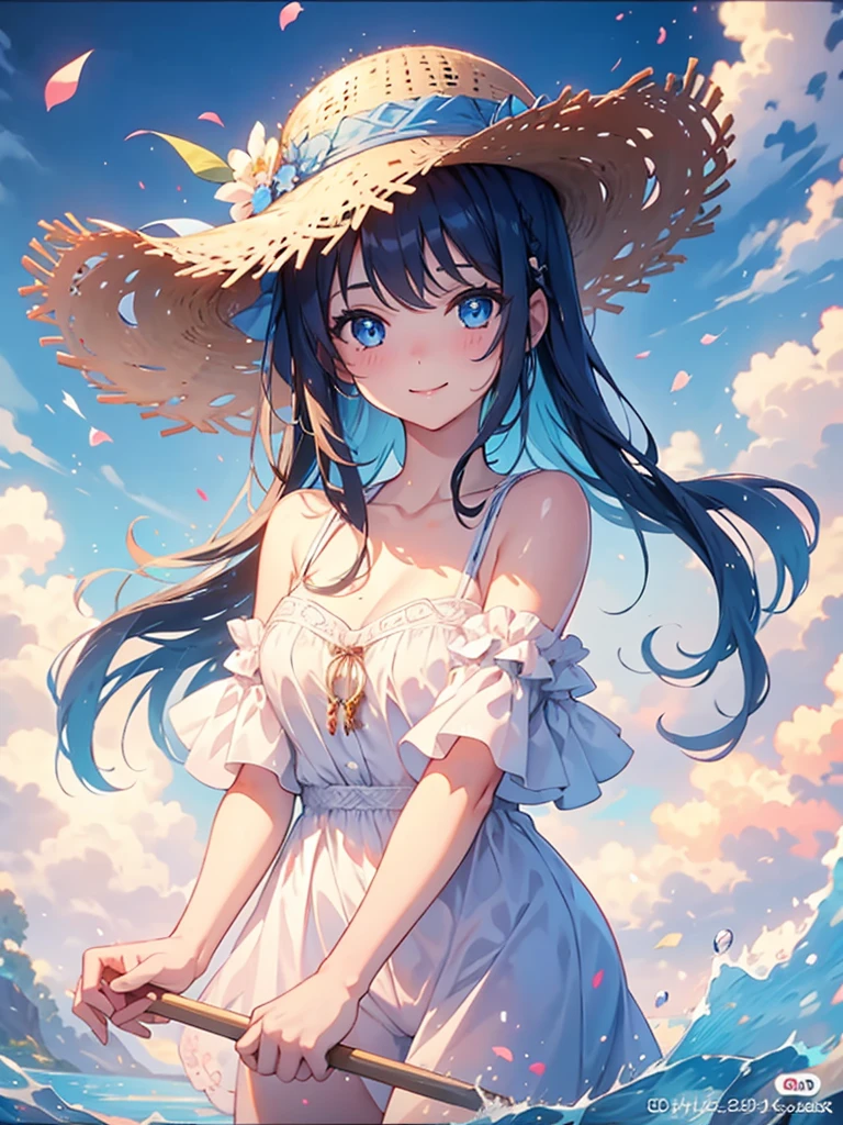 1girl, straw hat, blue eyes, blush, looking at viewer, bare shoulders, smiling, outdoors, waterfall, solo