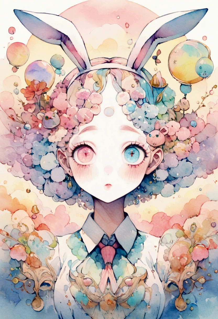 masterpiece, Highest quality, 8K, Sharp focus, Intricate details, beautiful girl, Sparkling eyes, Golden ratio face, Otherworldly liquid, watercolor, pastel colour, Bright colors, Whimsical, colorful, Sharp focus, High resolution, Fine details, ((Round eyes)), Rainbow bubbles,Foamy,Big beautiful eyes,Bubbles are floating,Formal wear,Bunny ears