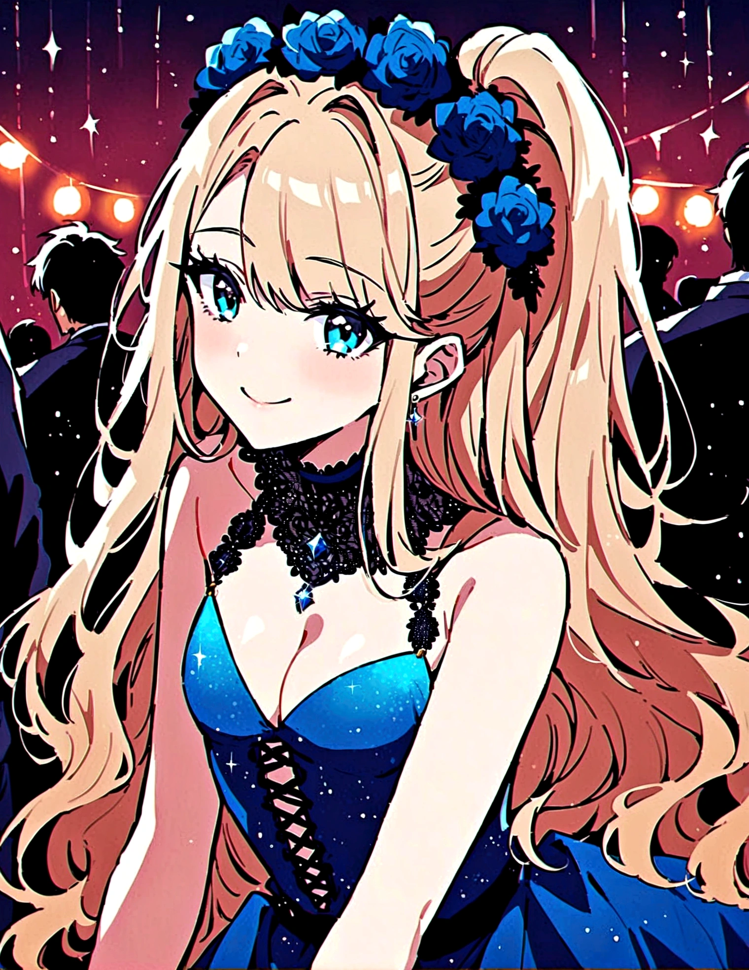 Sabrina Carpenter, smiling, in a party, sexy blue dress, cleavage