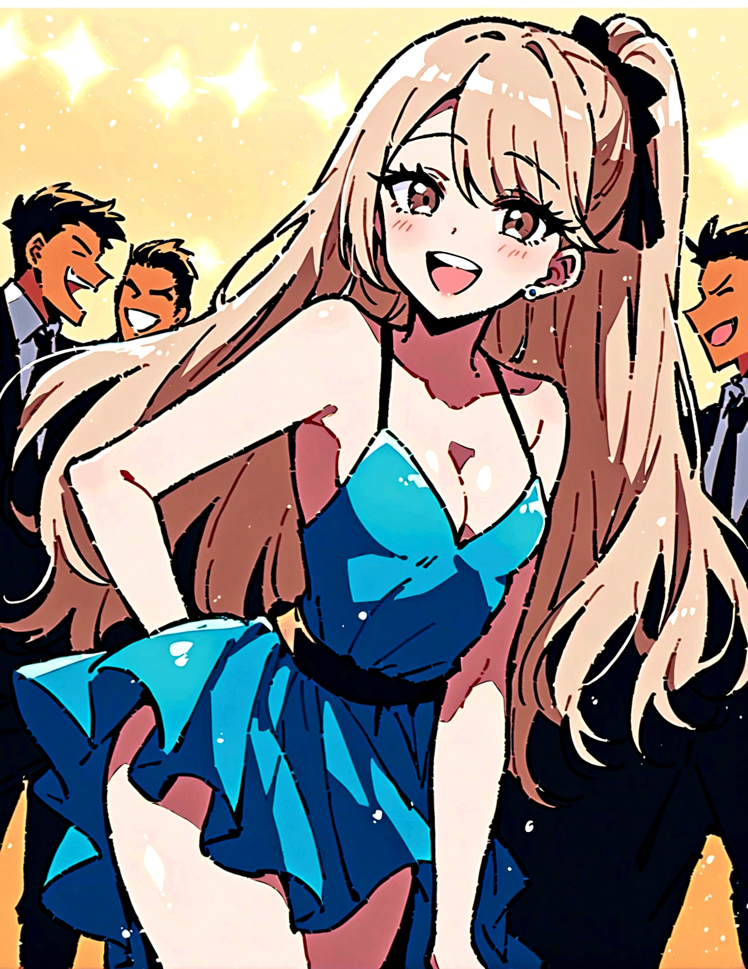Sabrina Carpenter, smiling, in a party, sexy blue dress, cleavage
