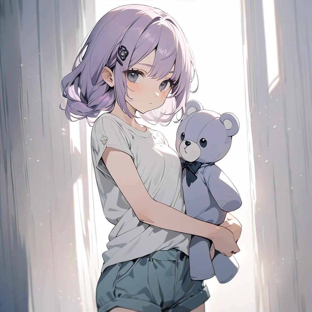 (Cute a girl:1.5), (a girl with closs hair pin,pale purple hair,bluntbangs hair,green and black eyes, a girl is wearing a white T-shirt and navy blue shorts,,look at viewer:1.4), (masterpiece:1.3), anime visual, (Lovey-dovey:1.5), (tilt head:1.3), extremely delicate face, soft clean focus, realistic lighting and shading, (an extremely delicate and beautiful art:1.3), elegant, (muted colors:1.1), small breast,Holding a large stuffed teddy bear in both hands,