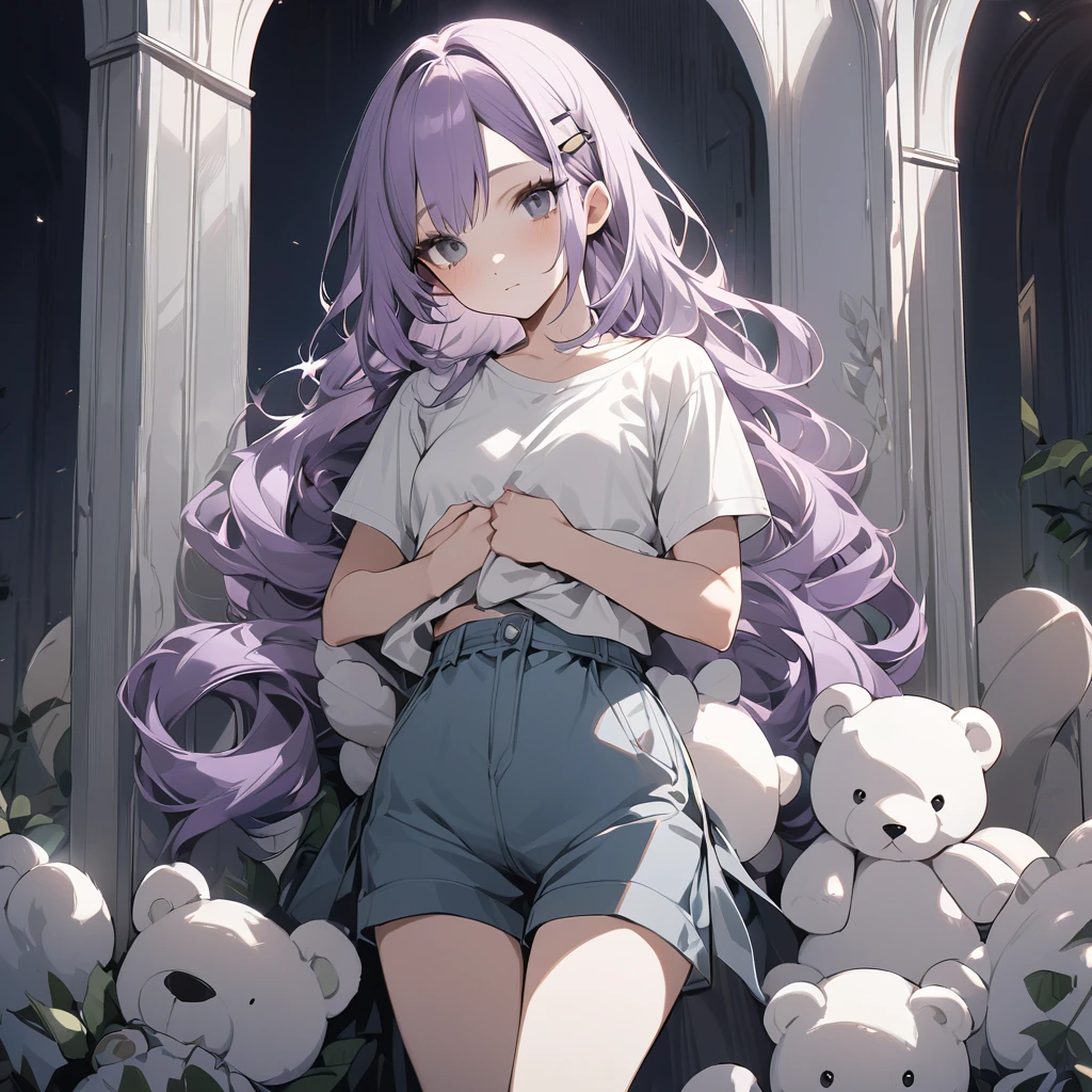 (Cute a girl:1.5), (a girl with closs hair pin,pale purple hair,bluntbangs hair,green and black eyes, a girl is wearing a white T-shirt and navy blue shorts,,look at viewer:1.4), (masterpiece:1.3), anime visual, (Lovey-dovey:1.5), (tilt head:1.3), extremely delicate face, soft clean focus, realistic lighting and shading, (an extremely delicate and beautiful art:1.3), elegant, (muted colors:1.1), small breast,Holding a large stuffed teddy bear in both hands,