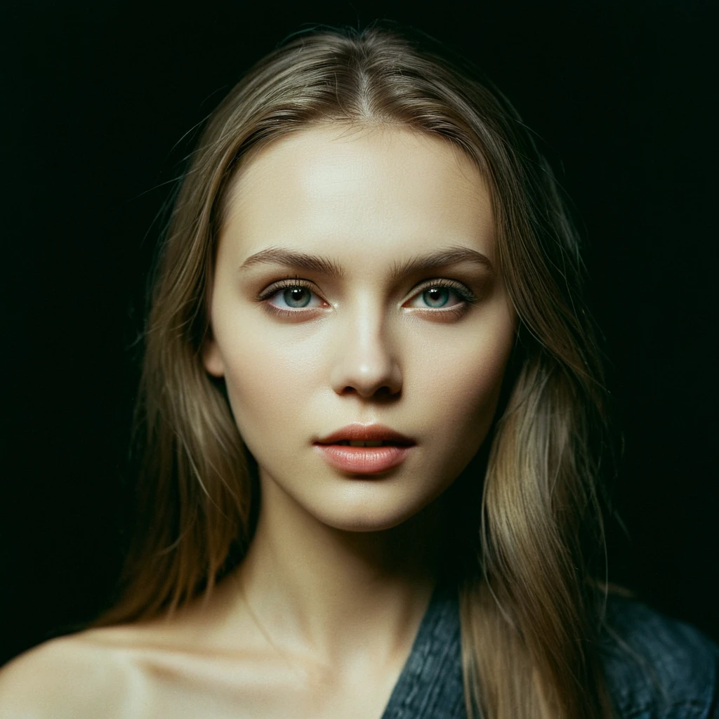 "memories are the water of life" (Misterious mood Soft Lighting Photography), stunning medium format analog photo, TWbabeXL01 beautiful (woman), A beautiful ((evil slavic woman)), pale skin, long dark blond hair, over the shoulde wide view, black over black background, highly detailed, detailed realistic photography, masterpiece half-body photo, finely detailed skin, emotional, professional color grading, epiCPhoto, OverallDetailXL analog grain, Fujifilm Astia, low contrast, OverallDetailXL